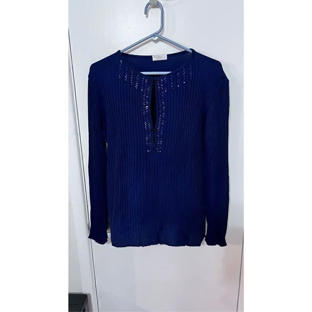 Gaby tricot Women's Rib Long Sleeves Merino Wool Notch Neckline Blue Top Size L